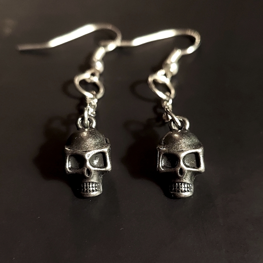 Handmade 2 inch Gothic Skull Chain Dangle Earrings w/ fish-hooks